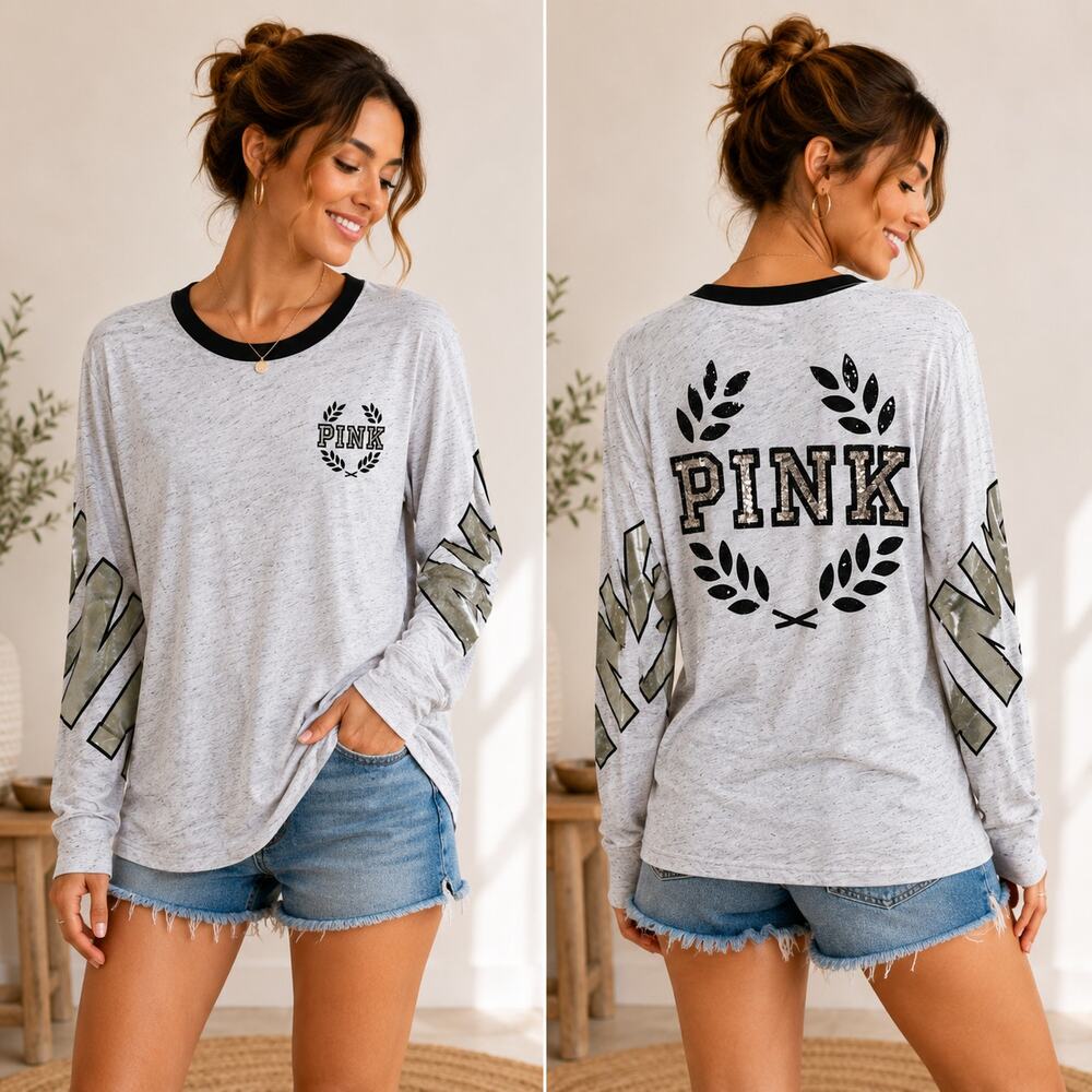 Victoria's Secret Pink Long Sleeve Top Size M Heather Gray Sequins Bling Casual